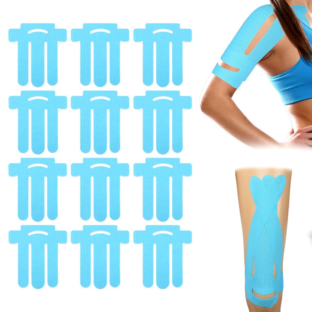12pcs Kinesiology Tape for Shoulder, Precut Breathable Waterproof Kinesiology Tape for Knees Shoulder Sports Support Muscle Protection (Blue)