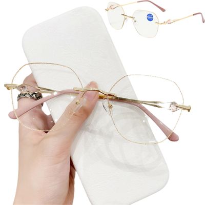 xignfoea Women's Diamond Rimless Anti-Blue Light Presbyopia Glasses, Sparkling Frameless Reading Glasses with Case (1 Pc Gold,+1.5/150)