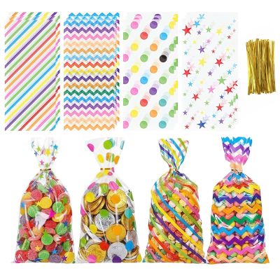 100 Pack Rainbow Cellophane Bags Polka Dot Stripes Printed Pattern Goodie Candy Favor Bags ,Clear Plastic Candy Gift Bags with Twist Ties for Cookies, Snacks, Birthday, Valentine & Party Favors