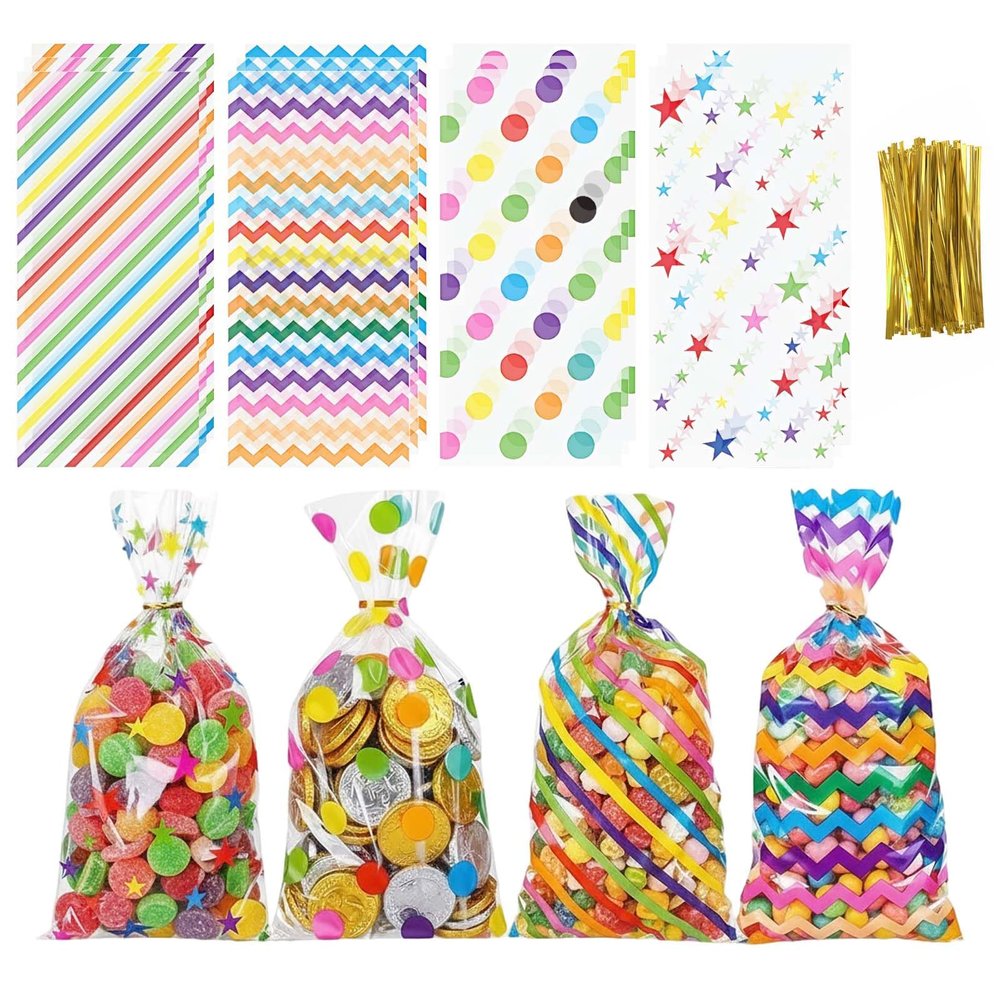 100 Pack Rainbow Cellophane Bags Polka Dot Stripes Printed Pattern Goodie Candy Favor Bags ,Clear Plastic Candy Gift Bags with Twist Ties for Cookies, Snacks, Birthday, Valentine & Party Favors
