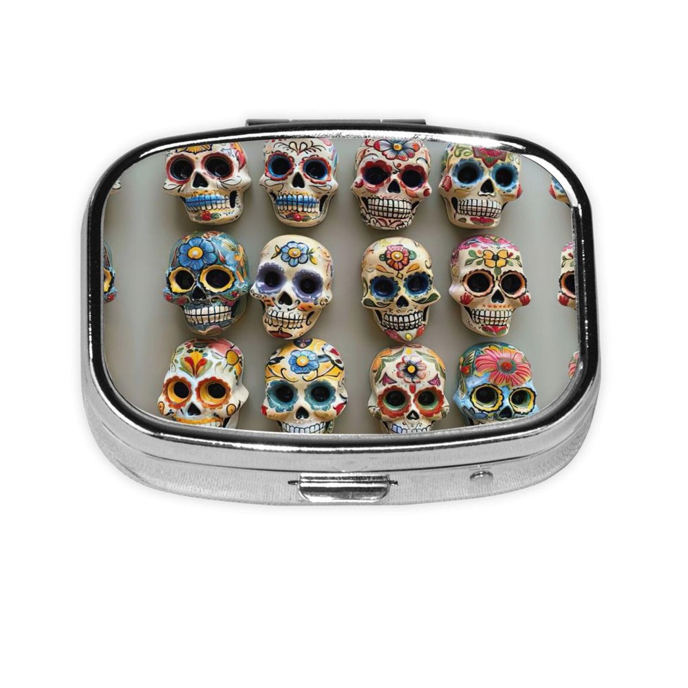 Sugar Skulls Travel Pill Organizer,2 Compartments Portable Pill Case, Small Pill Container for Pocket Purse
