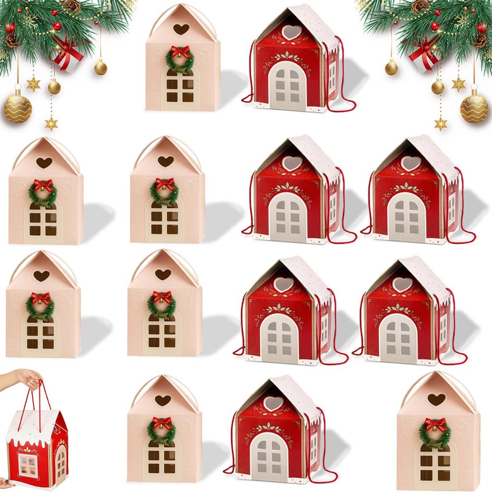 12 Pack Christmas Wonderland Cottage Gift Box, 3D Pop Up Christmas House Gift Boxes, 7.87 x 7.87 x 7.08 Inches Large House Shaped Gifts Boxes with Handle, Xmas Ornaments Cardboard (A-B-12PCS)