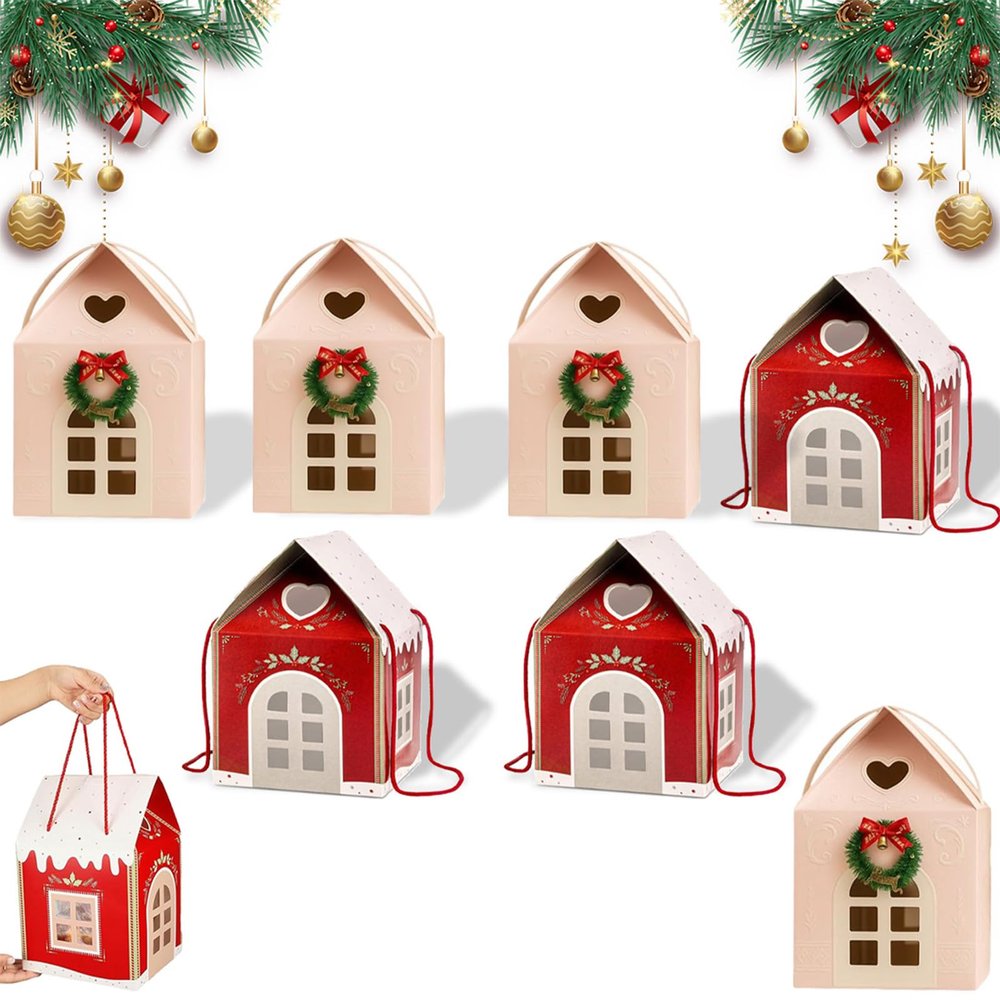 6 Pack Christmas Wonderland Cottage Gift Box, 3D Pop Up Christmas House Gift Boxes, 7.87 x 7.87 x 7.08 Inches Large House Shaped Gifts Boxes with Handle, Xmas Ornaments Cardboard (A-B-6PCS)