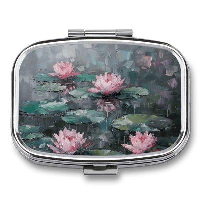 Peach Water Lily Painting Pill Organizer Metal Pill Box - 2 Compartments, Sleek & Portable Medicine Case for Travel, Daily Use