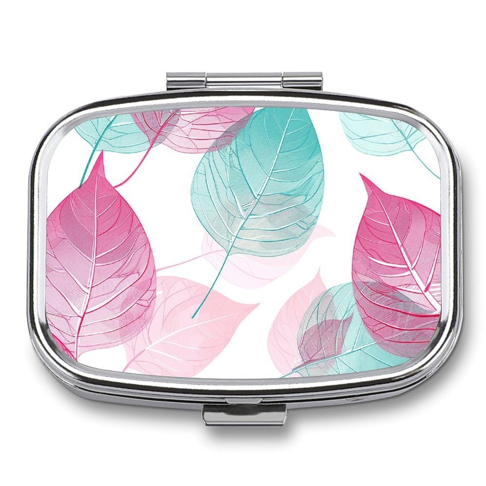 Peach and Teal Leaves Pill Organizer Metal Pill Box - 2 Compartments, Sleek & Portable Medicine Case for Travel, Daily Use