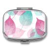 Peach and Teal Leaves Pill Organizer Metal Pill Box - 2 Compartments, Sleek & Portable Medicine Case for Travel, Daily Use view 1