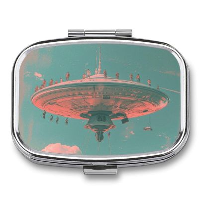Retro Flying Saucer Pill Organizer Metal Pill Box - 2 Compartments, Sleek & Portable Medicine Case for Travel, Daily Use