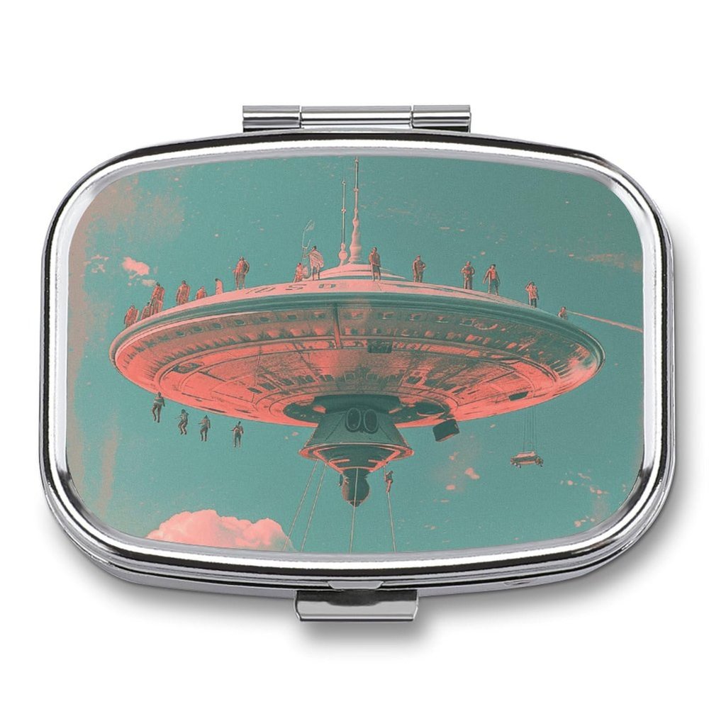 Retro Flying Saucer Pill Organizer Metal Pill Box - 2 Compartments, Sleek & Portable Medicine Case for Travel, Daily Use