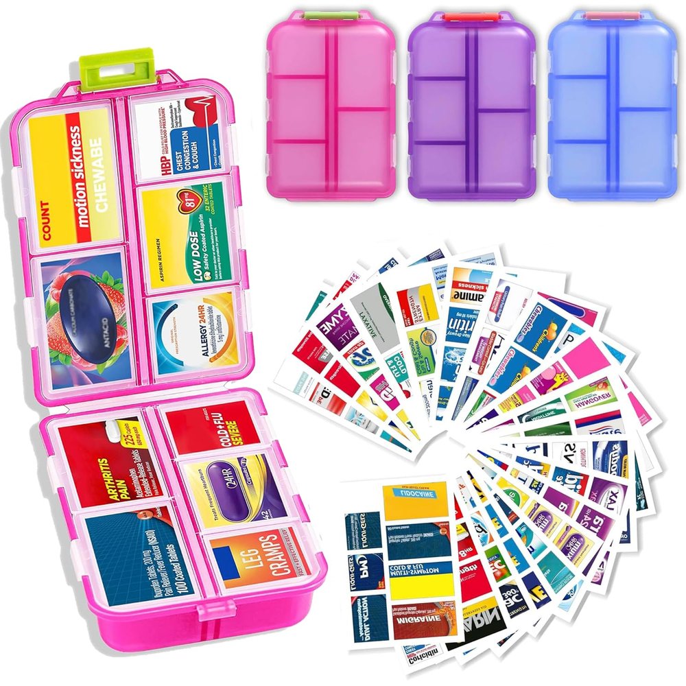 2026 New Extra Large Pill Box with Medicine Labels Travel Essentials Daily Med Container Mini Medication Organizer Storage Organizer Case 7 Day Pill Organizer(Blue+Pink+Purple)