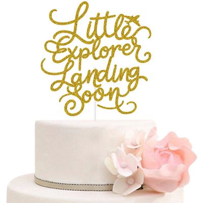 ZLPDS Little Explorer Landing Soon Cake Topper Airplane Adventure Awaits Baby Shower Gender Reveal Party Decorations Gold Glitter