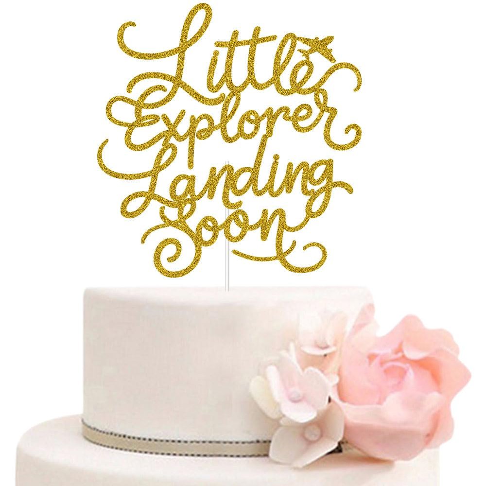 ZLPDS Little Explorer Landing Soon Cake Topper Airplane Adventure Awaits Baby Shower Gender Reveal Party Decorations Gold Glitter