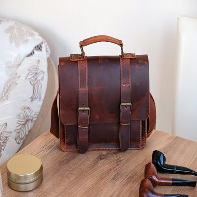Distressed Leather 12-Pipe Messenger Bag, Handmade Pipe Shoulder Bag for 12-Pipes