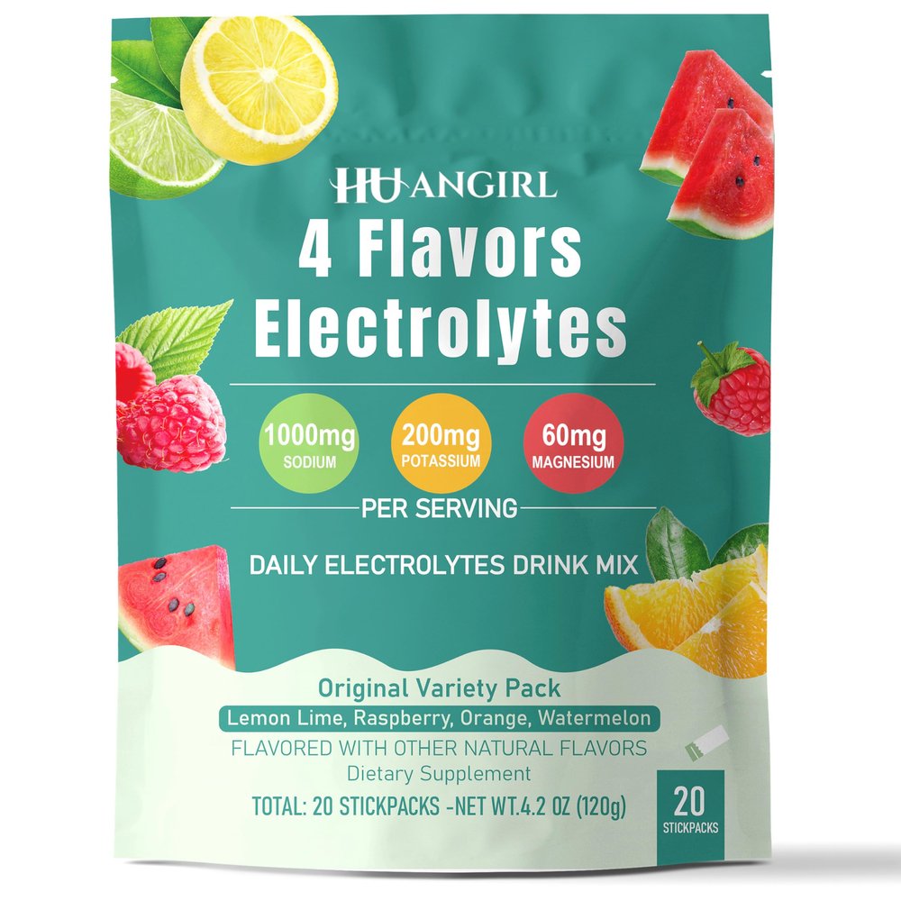 huangirl Electrolyte Powder Packets (20 Stickpacks) - 4 Flavors (Lemon Lime/Raspberry/Orange/Watermelon) Hydration Mix | Sugar Free, Non-GMO Daily Electrolyte Drink Supplement