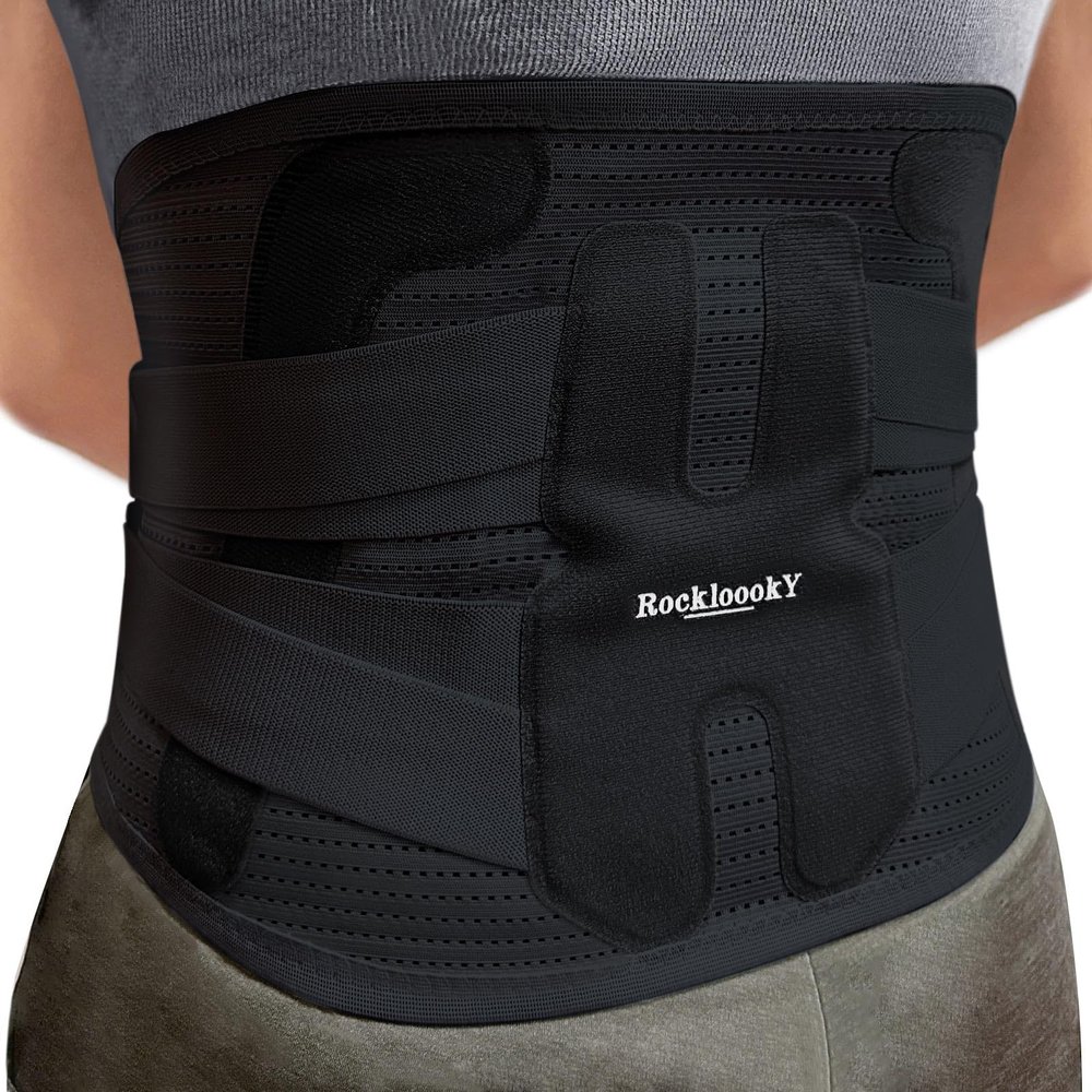 RockloookY Lower Back Brace for Women Men, Adjustable Lumbar Support with Ergonomic Metal Stays for Work,Lifting,Drive,Fitness, Breathable Fabric Support Belt with 3D Pad,Black,Size XXL,Waist 52"-62"