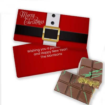 8 Count Merry Christmas Personalized Dubai Chocolate Bar Favor For Gifting, Stocking Stuffers, Holiday Party Giveaways, Custom Candy Favors, Candy Buffets, Table Treats & More - Santa Belt (1.9lb)