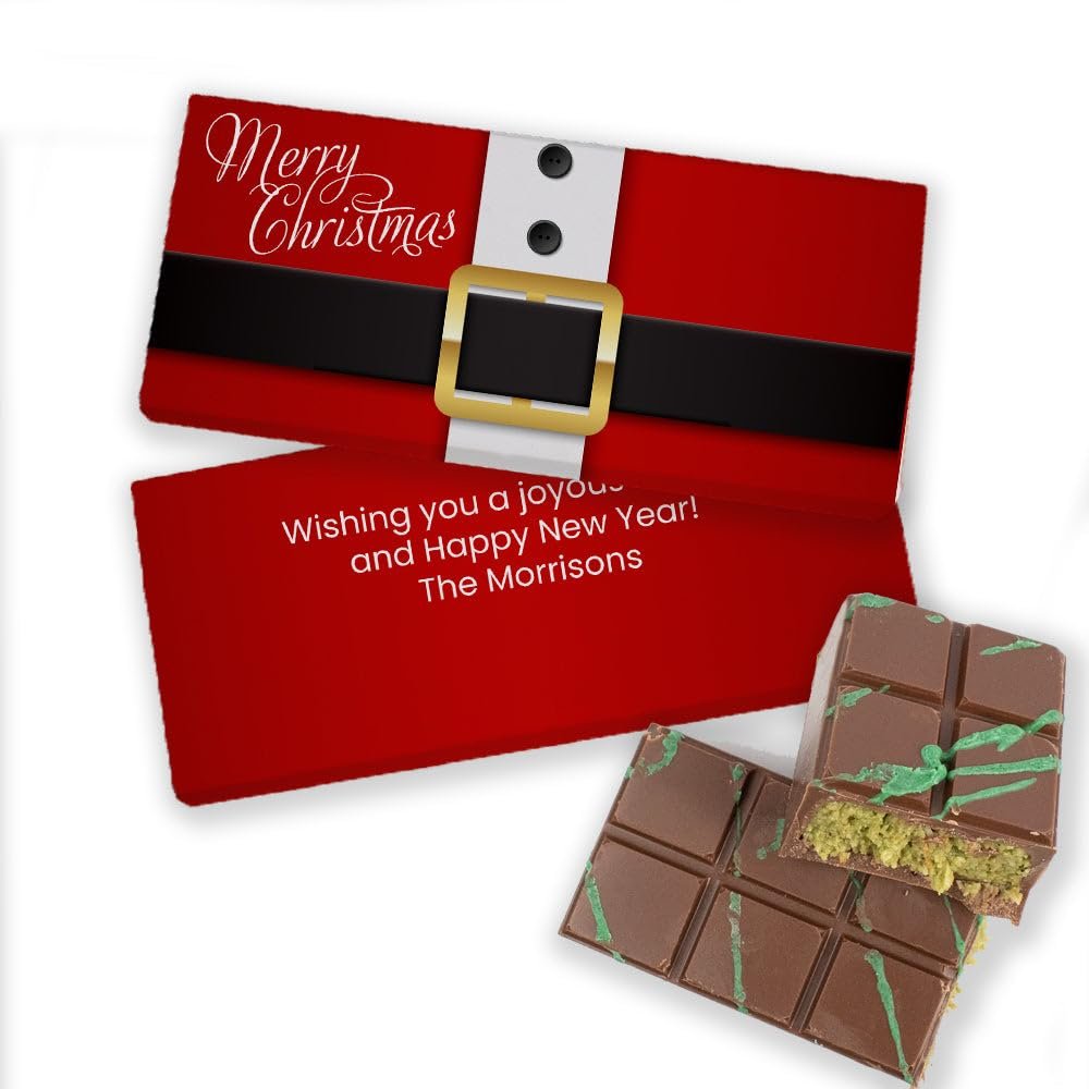 8 Count Merry Christmas Personalized Dubai Chocolate Bar Favor For Gifting, Stocking Stuffers, Holiday Party Giveaways, Custom Candy Favors, Candy Buffets, Table Treats & More - Santa Belt (1.9lb)