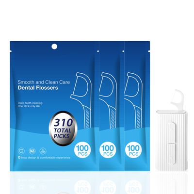 300 Count Dental Floss Picks with Automatic Dispenser Case - High Tenacity Floss Sticks for Tight Teeth, Shred Resistant Tooth Picks, Includes 1 Portable Pop-Up Holder & 3 Bulk Refill Bags (White)