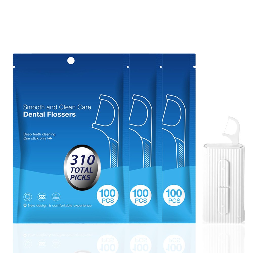 300 Count Dental Floss Picks with Automatic Dispenser Case - High Tenacity Floss Sticks for Tight Teeth, Shred Resistant Tooth Picks, Includes 1 Portable Pop-Up Holder & 3 Bulk Refill Bags (White)