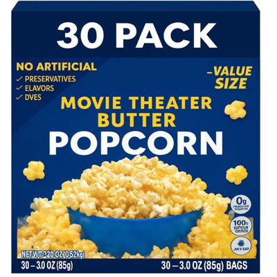 Movie Theater Butter Flavored Microwave Popcorn, Non-GMO Kernels, 30 Sharing Bags, 3 Oz Each, No Artificial Preservatives or Flavors