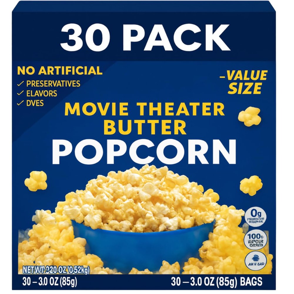 Movie Theater Butter Flavored Microwave Popcorn, Non-GMO Kernels, 30 Sharing Bags, 3 Oz Each, No Artificial Preservatives or Flavors