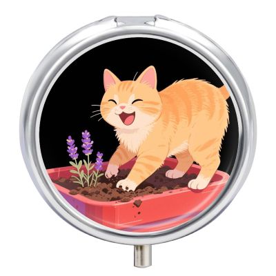The Cat on The Flower Pot Metal Pill Box - 3 Compartment Mini Portable Pill Organizer for Purse & Pocket, BPA-Free Travel Pill Case for Vitamins, Medication, Supplements
