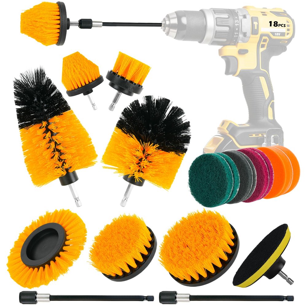 18PCS Drill Brush Attachments Set, Power Cleaning Scrub Brushes with Scrub Pads, Sponge, Extend Long Attachment, Cleaning Brush Supplies for Bathroom Bathtub, Grout, Tile, Sinks, Corners, Car Wheel