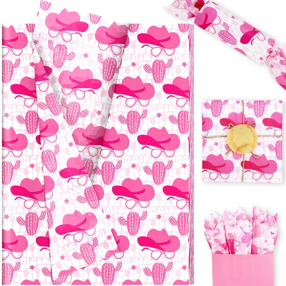 100 Sheets Pink Cactus Hats Tissue Paper, 20 x 14in Pink Cactus Hats Print Wrapping Gift Printed Tissue Paper for Gift Wrapping for Valentines Day Birthday Wedding Winter Holidays DIY Craft