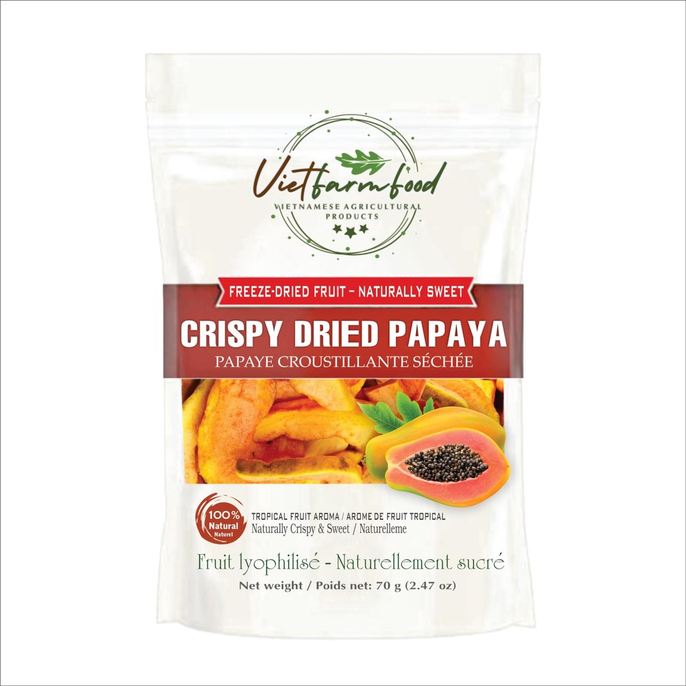 CRISPY DRIED PAPAYA 2.47 oz (70g) VIETFARMFOOD: Freeze-dried, no sugar added, naturally sweet. Nutritious, pure, and crunchy. Great for snacking, toppings, desserts, or healthy gifting.