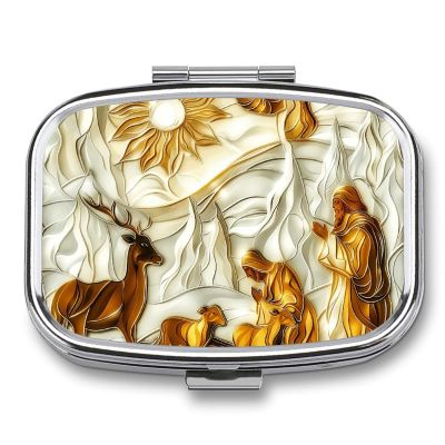 Stained Glass Style Pill Organizer Metal Pill Box - 2 Compartments, Sleek & Portable Medicine Case for Travel, Daily Use