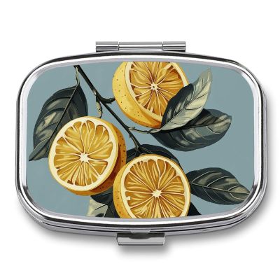 Lemon with Leaves Pill Organizer Metal Pill Box - 2 Compartments, Sleek & Portable Medicine Case for Travel, Daily Use