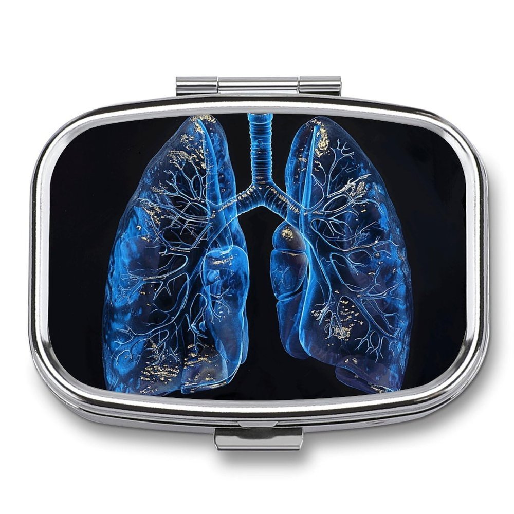Lungs Under The Light Pill Organizer Metal Pill Box - 2 Compartments, Sleek & Portable Medicine Case for Travel, Daily Use