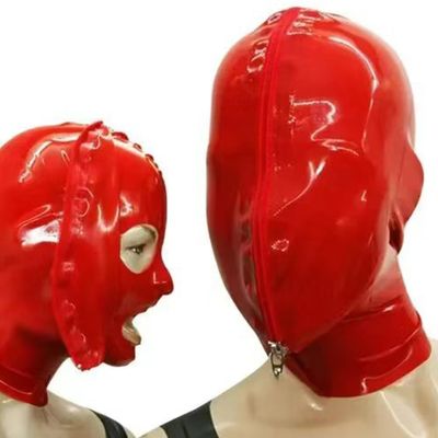 WJPTDKJ Red Latex Hood Mask Zipper Opens Mouth and Eyes Handmade Full Face Mask for Sexy Cosplay Couples(Size:S-63CM)