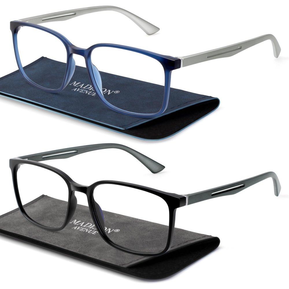 Madison Avenue 2 Pack Classic Square Blue Light Blocking Reading Glasses for Men, Sport Computer Readers Eyeglasses Anti Glare Black/Blue +2.5