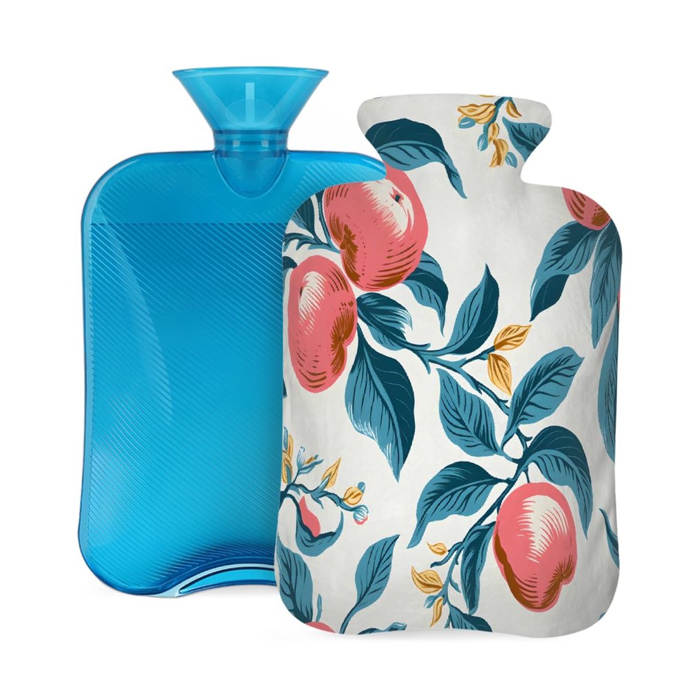 Hot Water Bottle with Cover 2L Fruit Peach Leaves Hot Water Bag for Pain Relief Period Cramps, Winter Warmer