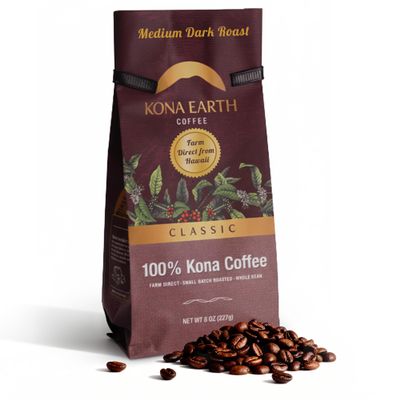 KONA EARTH - 100% Kona Coffee, Classic Medium Dark Roast, Whole Bean (8oz) Farm-Direct Authentic Hawaiian Kona Coffee beans from Hawaiis Big Island, Small-Batch Roasted, Award-Winning