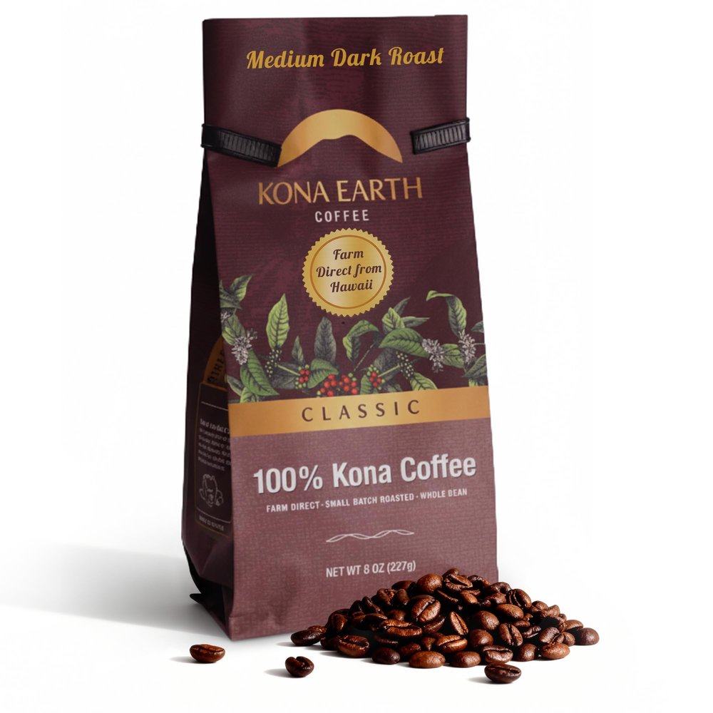 KONA EARTH - 100% Kona Coffee, Classic Medium Dark Roast, Whole Bean (8oz) Farm-Direct Authentic Hawaiian Kona Coffee beans from Hawaiis Big Island, Small-Batch Roasted, Award-Winning
