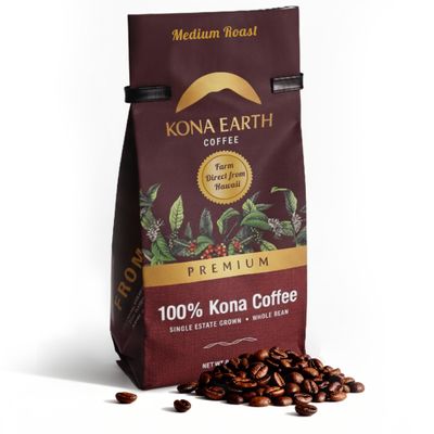 KONA EARTH 100% Kona Premium Coffee, Medium Roast, Whole Bean, (8oz) Farm-Direct Authentic Hawaiian Kona Coffee beans from Hawaiis Big Island, Micro-Batch-Roasted