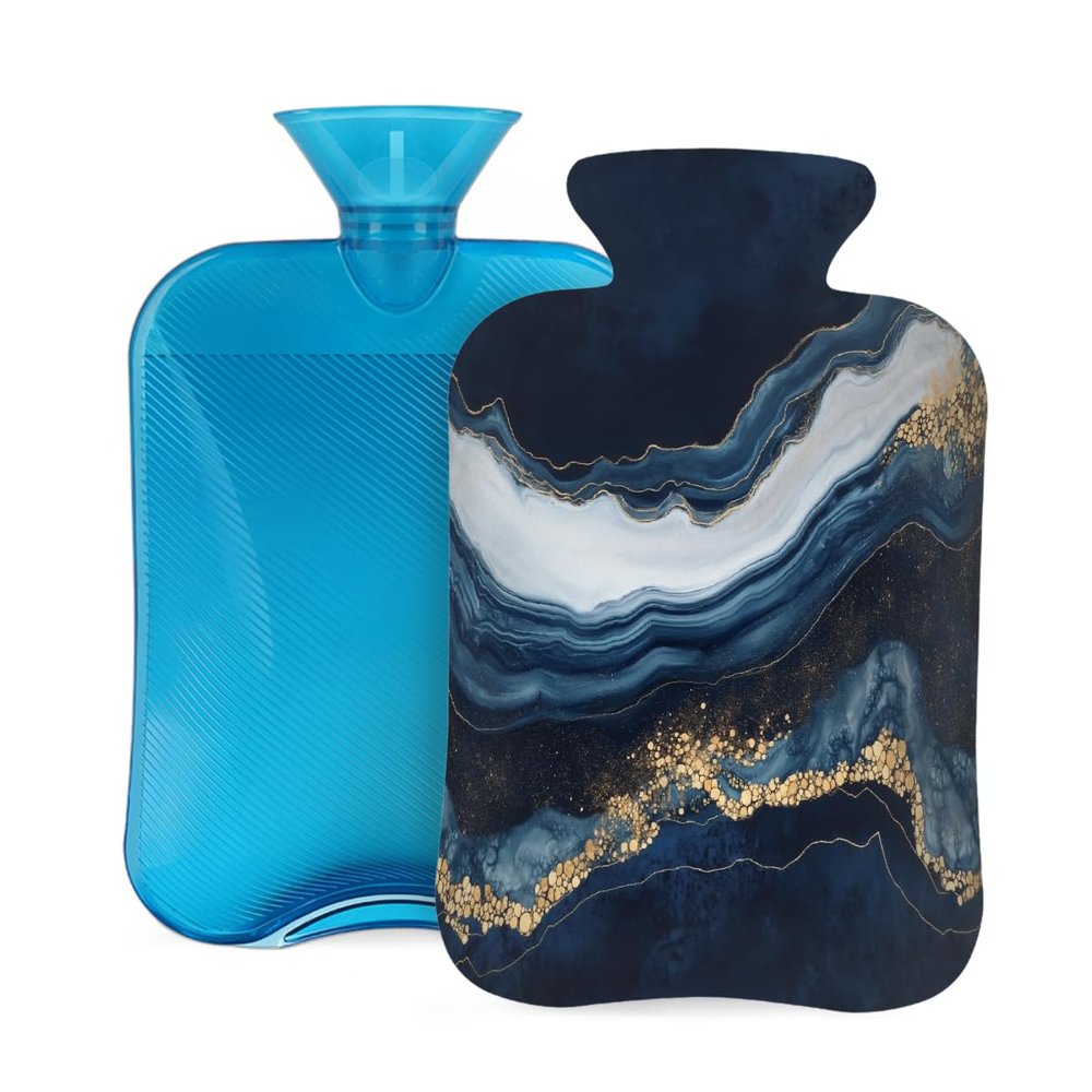Hot Water Bottle with Cover 2L Blue Gold Marble Ripple Hot Water Bag for Pain Relief Period Cramps, Winter Warmer