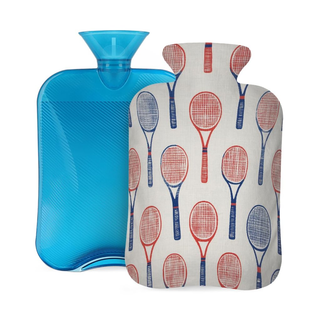 Hot Water Bottle with Cover 2L Blue Red Retro Line Tennis Racket Hot Water Bag for Pain Relief Period Cramps, Winter Warmer