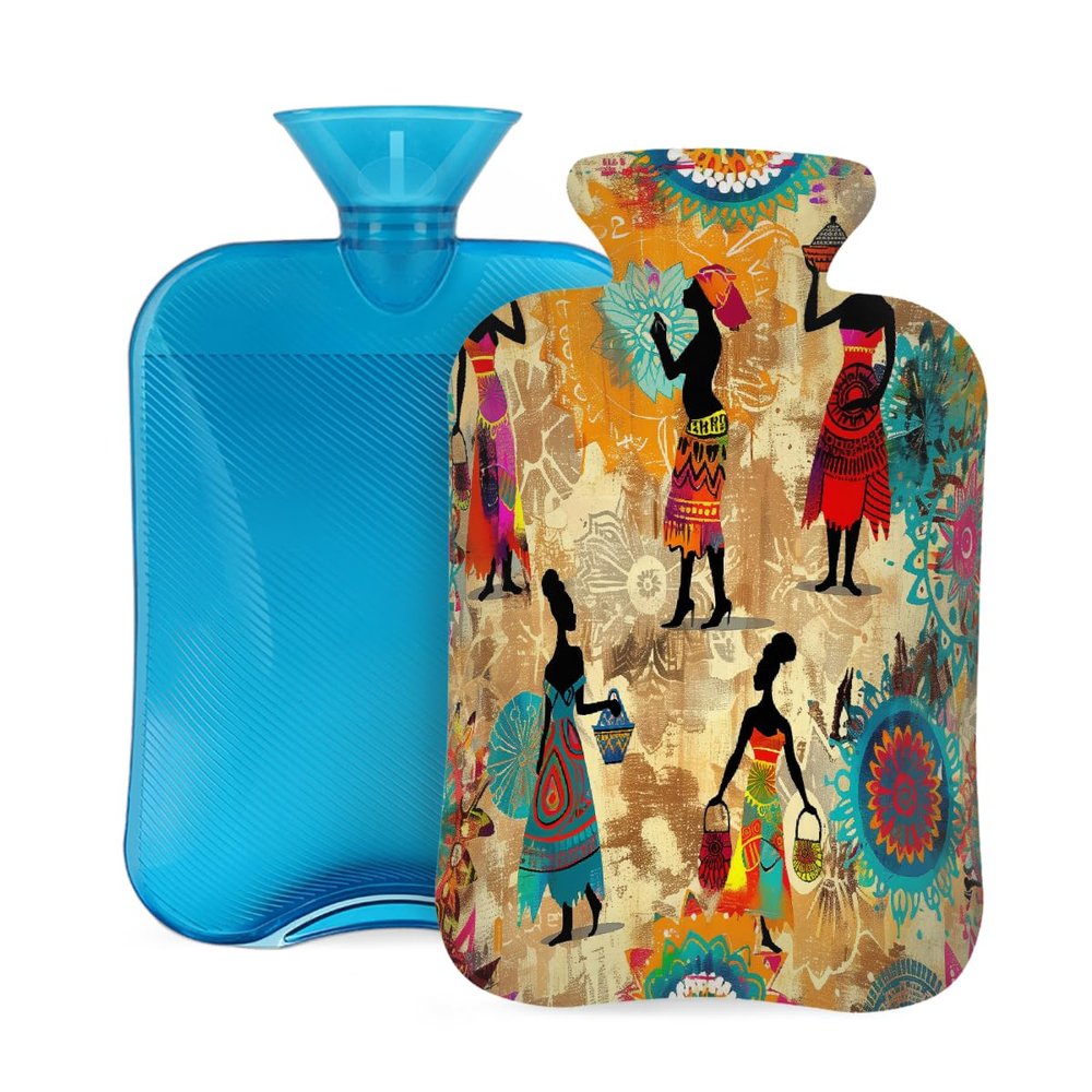 Hot Water Bottle with Cover 2L African Tribal Women Hot Water Bag for Pain Relief Period Cramps, Winter Warmer