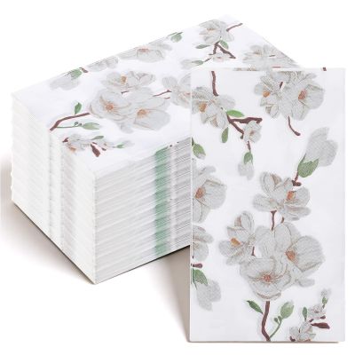 100 Pcs Floral White Magnolia Guest Napkins 3 Ply Spring Flower Dinner Hand Napkin Blossom Disposable Hand Towels for Bathroom Decorative Paper Napkins for Wedding Party