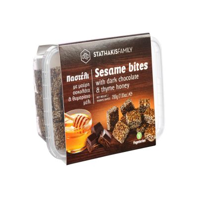 Stathakis Family Sesame Bites with Dark Chocolate, Thyme Honey, Traditional Greek Pasteli, Nutritious Snack Bar, 200 gr