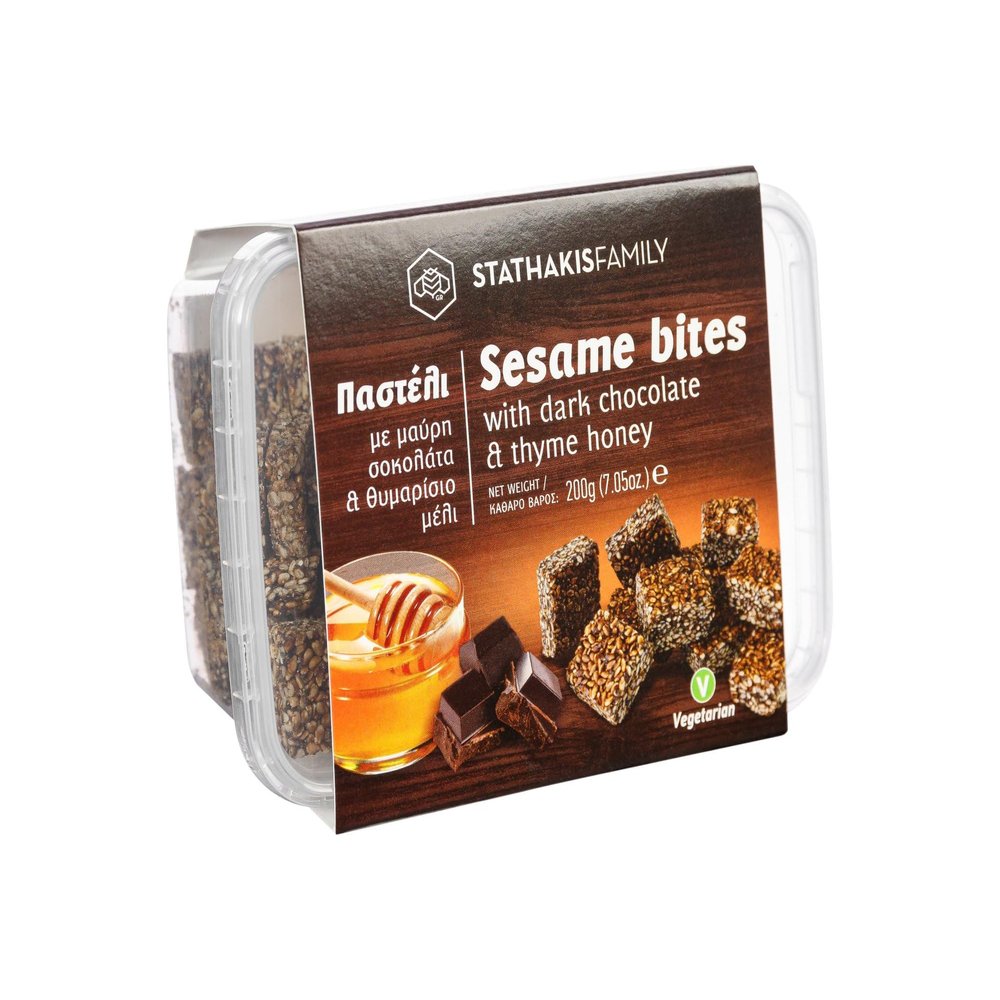 Stathakis Family Sesame Bites with Dark Chocolate, Thyme Honey, Traditional Greek Pasteli, Nutritious Snack Bar, 200 gr