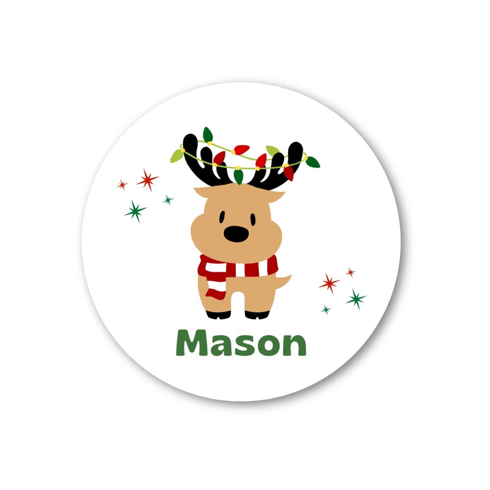 Emma Pink Studio Reindeer Christmas Custom Name Gift Stickers, Personalized Kids Initial Holiday Present Wrapping Labels (Green, 2" - 12 Stickers/Set)