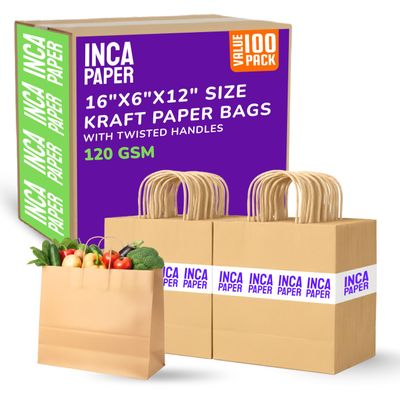 100 Kraft (Brown) Extra Large Paper Bags with Handles of 16" x 6" x 12" | Shopping Bags for Small Business, Food, Grocery Retail, Merchandise | Bulk DIY Gift Bags Wedding, Birthday, Party Favor