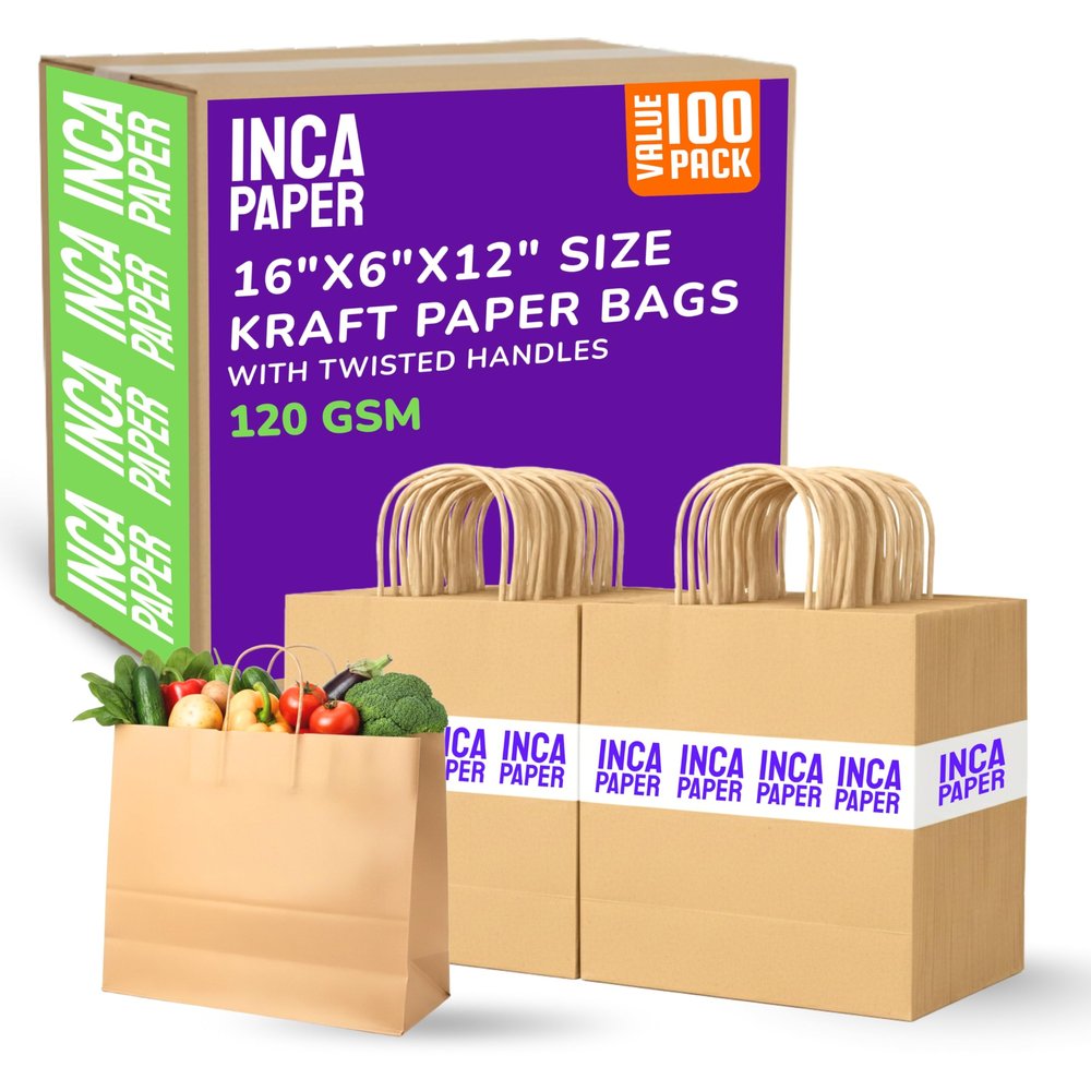 100 Kraft (Brown) Extra Large Paper Bags with Handles of 16" x 6" x 12" | Shopping Bags for Small Business, Food, Grocery Retail, Merchandise | Bulk DIY Gift Bags Wedding, Birthday, Party Favor