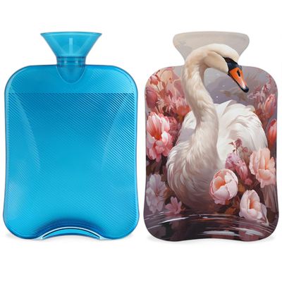 YPPAHHHH 2L Hot Water Bottle with Soft Cover White Swan Floral Art Reusable Hot & Cold Therapy Bag for Pain Relief Menstrual Cramps, Feet Warmth Winter Gift