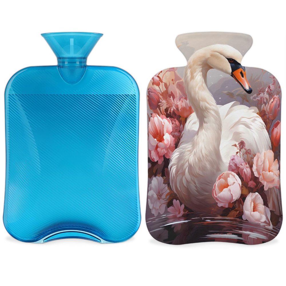 YPPAHHHH 2L Hot Water Bottle with Soft Cover White Swan Floral Art Reusable Hot & Cold Therapy Bag for Pain Relief Menstrual Cramps, Feet Warmth Winter Gift