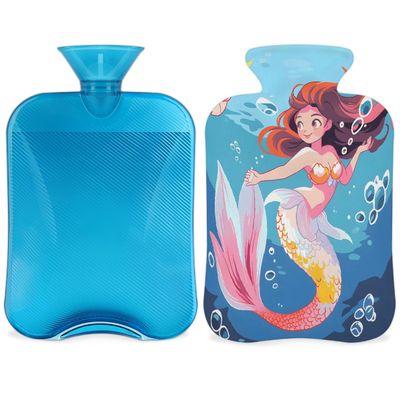 YPPAHHHH 2L Hot Water Bottle with Soft Cover Cartoon Mermaid Sea Fish Reusable Hot & Cold Therapy Bag for Pain Relief Menstrual Cramps, Feet Warmth Winter Gift