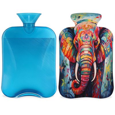 YPPAHHHH 2L Hot Water Bottle with Soft Cover Oil Painting Art Elephant Print Reusable Hot & Cold Therapy Bag for Pain Relief Menstrual Cramps, Feet Warmth Winter Gift